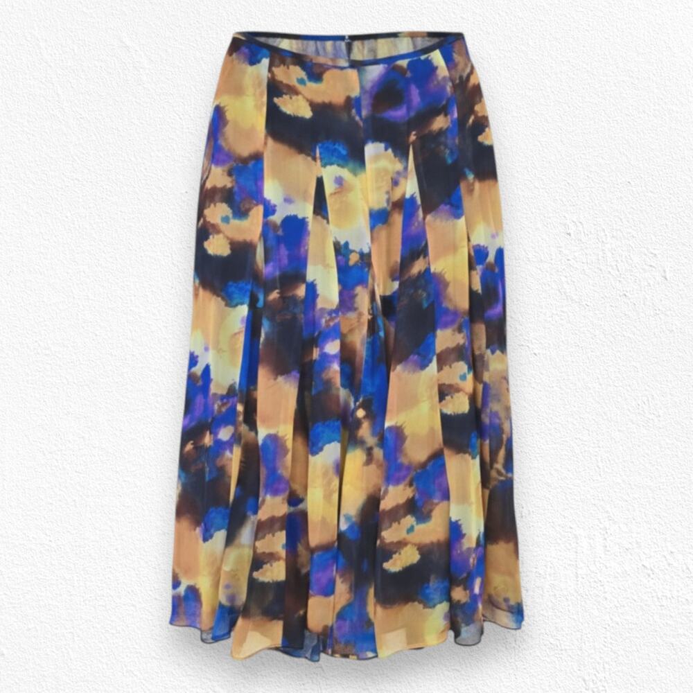 Y2K Vintage Jones New York Blue Yellow Silk Watercolor Semi-Sheer Skirt Size 10P